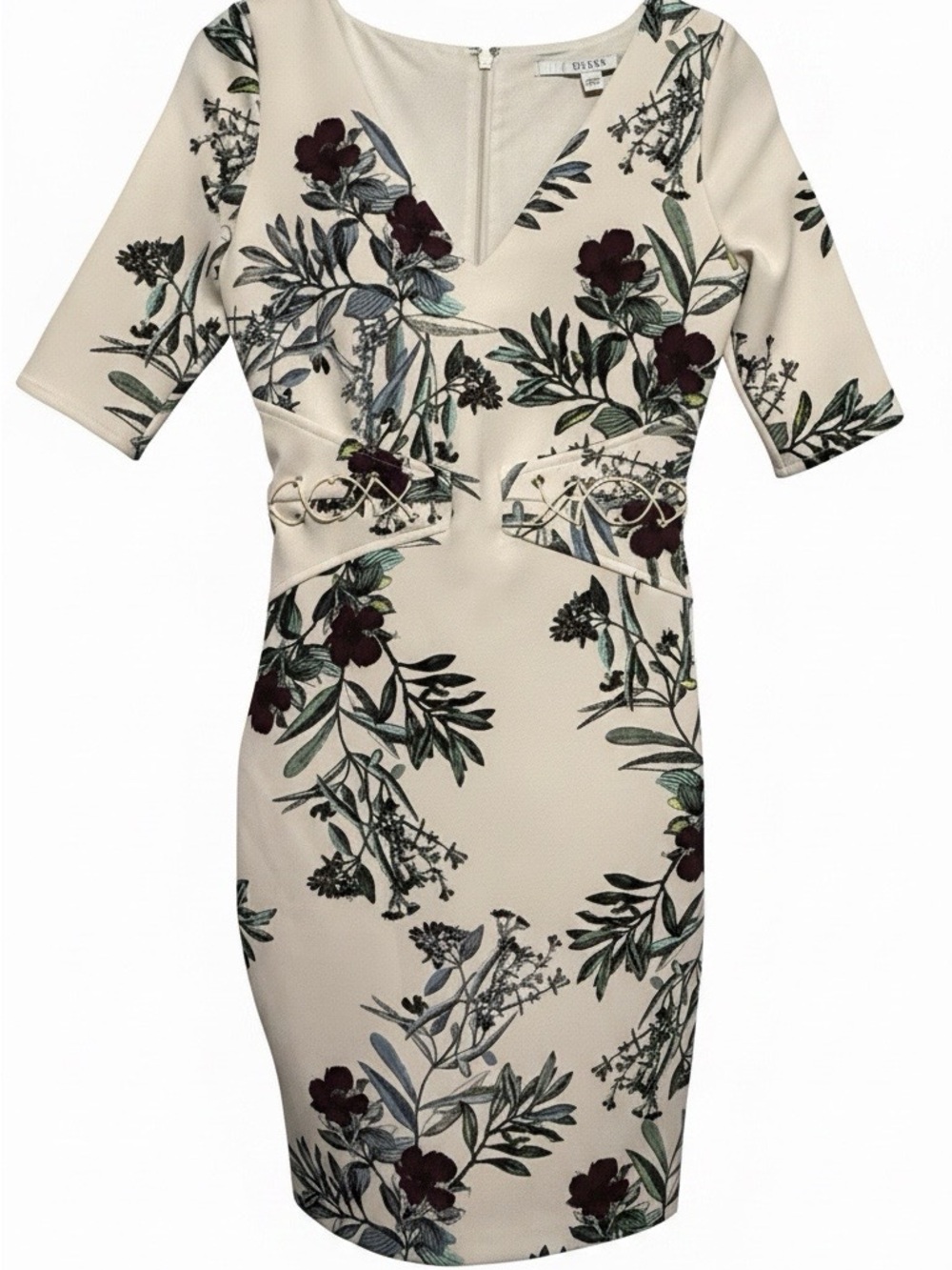 Guess Floral V-Neck Sheath Dress in Cream with Burgundy Floral Accents